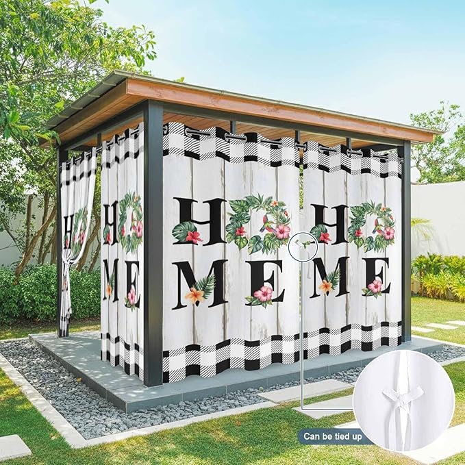 Summer Outdoor Curtains for Patio Leaves Garland Plumeria Wood Buffalo Plaid Waterproof Outside Curtains with Grommet Top Weatherproof Curtain for Cabana Pergola Gazebo, 1 Panel, 54" W x 84" L