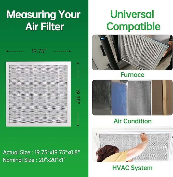 20x20x1 Air Filter Electrostatic Filter Reusable Washable HVAC AC Furnace Filter,MERV 8,Lasts a Lifetime, Healthier Home or Office(Actual Size:19.75x19.75x0.8 Inch)