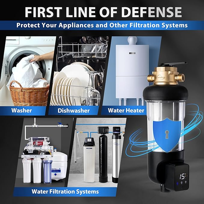 iSpring WSP100ARJ-BP, NSF Certified, Whole House Spin-Down Sediment Water Filter with Bypass, Clear Housing, Jumbo Size, Flushable and Reusable, Touch-Screen Auto Flushing, 4 Modes, 100 Microns