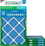 Filterbuy 12x24x1 Air Filter MERV 13 Optimal Smoke & Allergy Defense (4-Pack), Electrostatic Pleated HVAC AC Furnace Filters Replacement, Made in USA (Actual Size: 11.50 x 23.50 x 0.75)