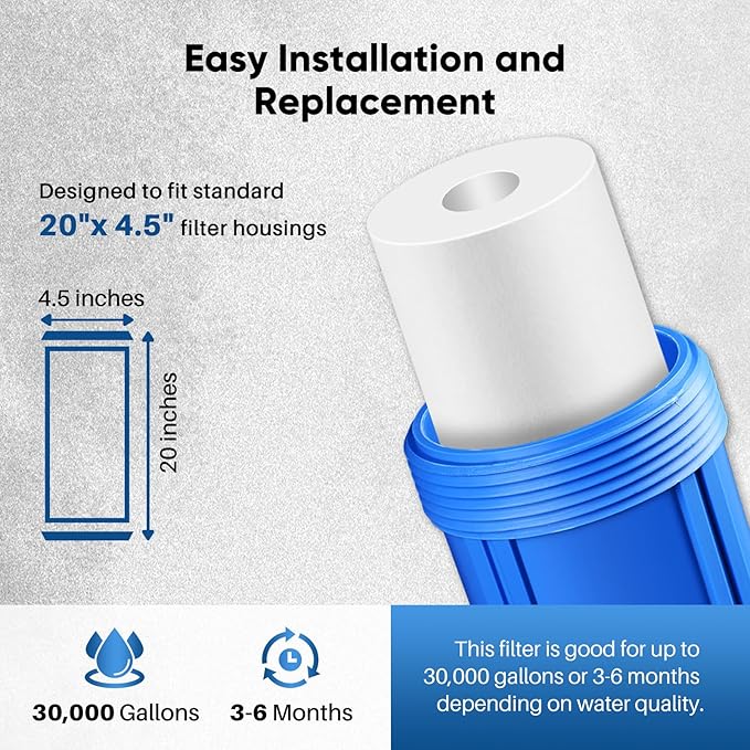 PUREPLUS 20 Micron 20" x 4.5" Whole House Sediment Home Water Filter Replacement Cartridge, Compatible with DGD-5005-20, AP810-2, P5-20BB, FP25B, FPMB5-20, 155358-43, SDC-45-2005, 2 Pack