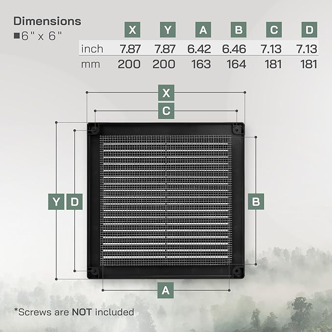 Vent Systems 6" x 6" (Opening Dimensions) Black Plastic Soffit Vent Cover - Durable Flat Square Air Vent Grille with Mesh Screen - Weather Ventilation Grill Wall & Ceiling Indoor & Outdoor