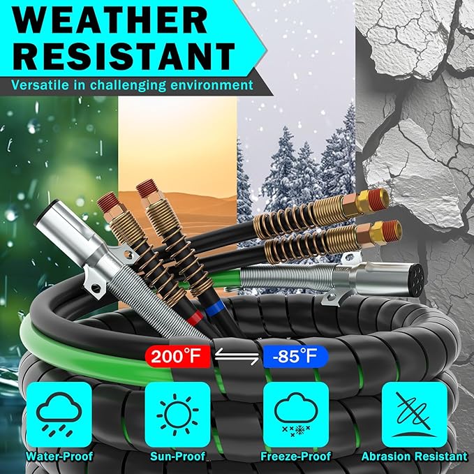 CheeMuii 12FT Semi Truck Air Line Kit with Gladhands Air Line Holder and Springs Kit 7 Way Trailer Cord and Air Brake Hoses 3-in-1 Air Lines Set for Semi Truck Trailer Tractor