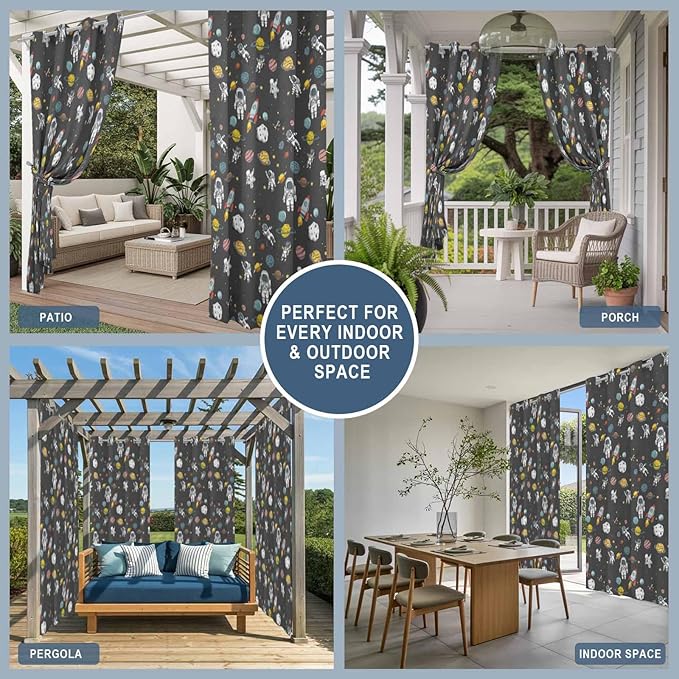 Cartoon Space Outdoor Curtains for Patio Rockets Planets Astronauts Gray Waterproof Outside Curtains with Grommet Top Weatherproof Curtain for Cabana Pergola Gazebo, 2 Pack, 54" W x 84" L