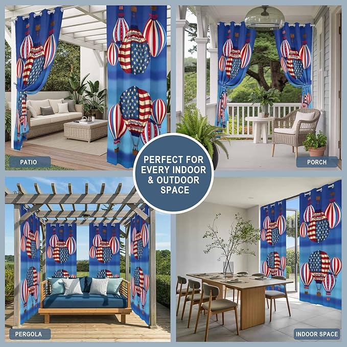 Independence Day Waterproof Outdoor Curtains for Patio, Windproof Weatherproof Curtains with Weighted Hem, Hot Air Balloon Patriotic Star Light Filtering Privacy Drapes for Porch 54"x 108" 2 Panels