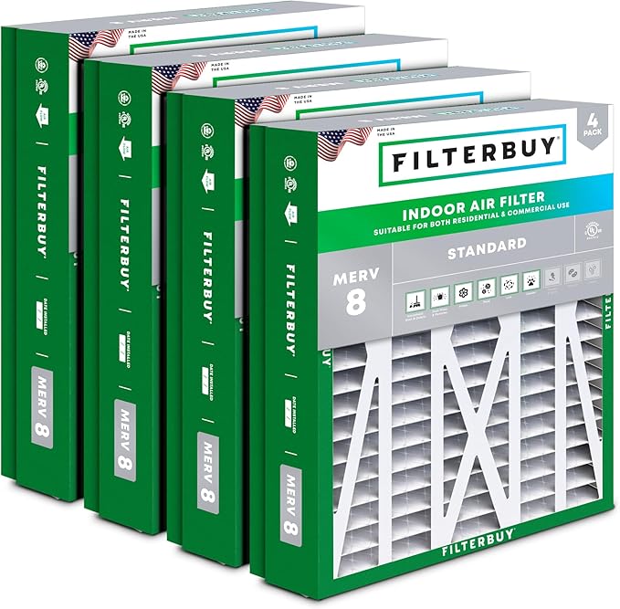 Filterbuy 24.5x27x5 Air Filter MERV 8 Essential Dust & Allergy Defense (4-Pack), Pleated HVAC AC Furnace Filters for Trane, American Standard, Honeywell, and More (Actual Size: 24.06 x 26.13 x 4.97)