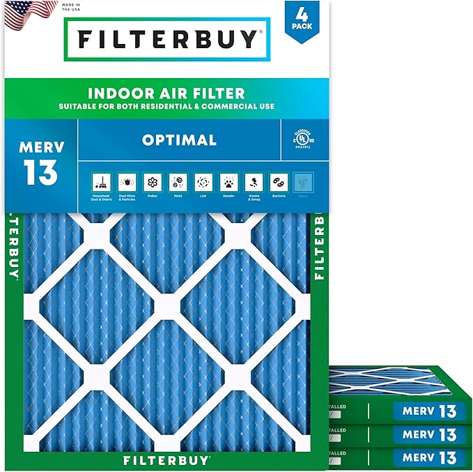 Filterbuy 16.38x21.5x1 Air Filter MERV 13 Optimal Smoke & Allergy Defense (4-Pack), Electrostatic Pleated HVAC AC Furnace Filters Replacement, Made in USA (Actual Size: 16.50 x 21.50 x 0.75)