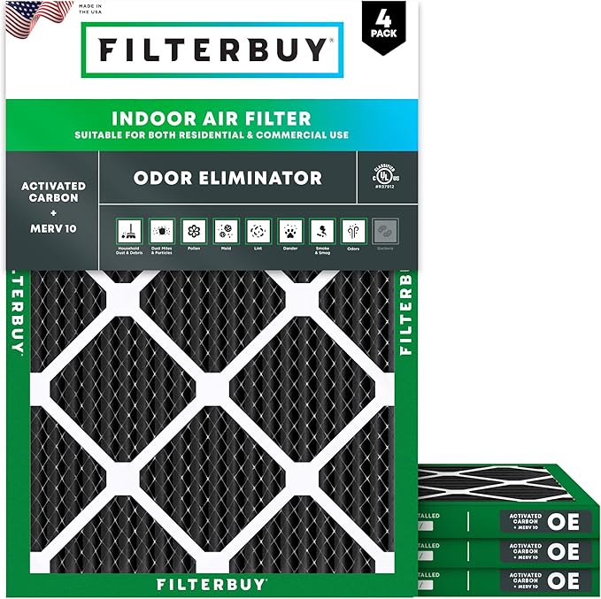 Filterbuy 20x23x1 Air Filter MERV 10 Odor & Allergy Defense with Activated Carbon (4-Pack), Electrostatic Pleated HVAC AC Furnace Filters Replacement, Made in USA (Actual Size: 19.50 x 22.50 x 0.75)