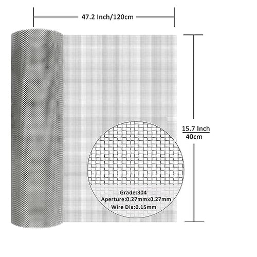304 Stainless Steel Mesh Screen#60Mesh -Size:15.7"x47.2"(40x120cm), for Home, Garden and Farm. Window or Door Filter, Guards Against Pests Like Mice, Snakes, and Rodents. Easy to Cut and Install.