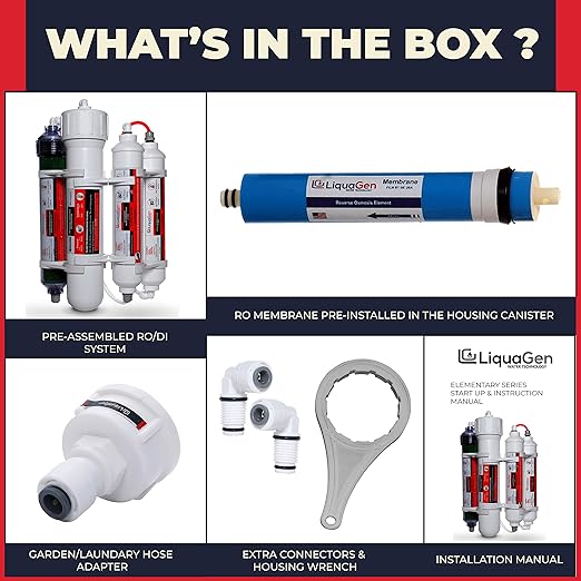 LiquaGen 4 Stage Reverse Osmosis and Deionization (RO/DI) Portable Space Saver Water Purification System | Water Filtration System for Aquarium Filter Processes + Manual Flush Valve (75 GPD)