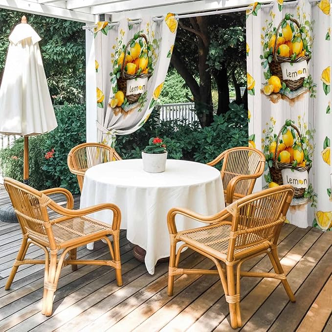 Lemon Outdoor Curtains for Patio Lemons Baskets Summer Tropical Plant Wood Waterproof Outside Curtains with Grommet Top Weatherproof Curtain for Cabana Pergola Gazebo, 1 Panel, 54" W x 108" L