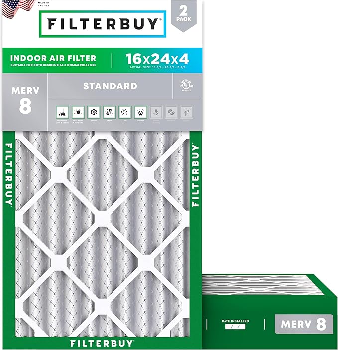 Filterbuy 16x24x4 Air Filter MERV 8 Essential Dust & Allergy Defense (2-Pack), Electrostatic Pleated HVAC AC Furnace Filters Replacement, Made in USA (Actual Size: 15.38 x 23.38 x 3.63)