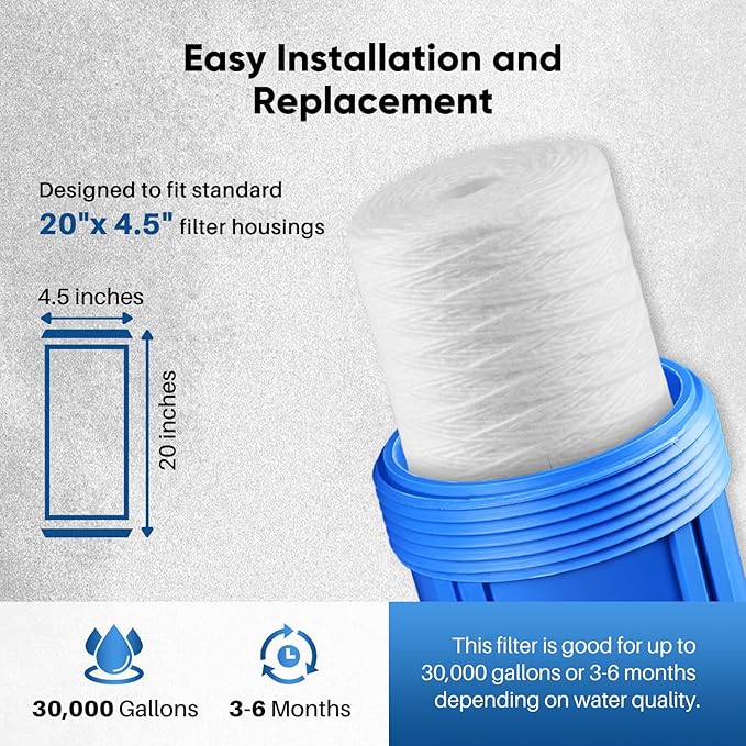 PUREPLUS 5 Micron 4.5" x 20" Whole House String Wound Sediment Filter for Well Water, Replacement Cartridge for Pentair Pentek WP5BB20P/WP25BB20P, Hydronix SWC-45-2005, SpiroPure SP-WP5-20BB, 4Pack