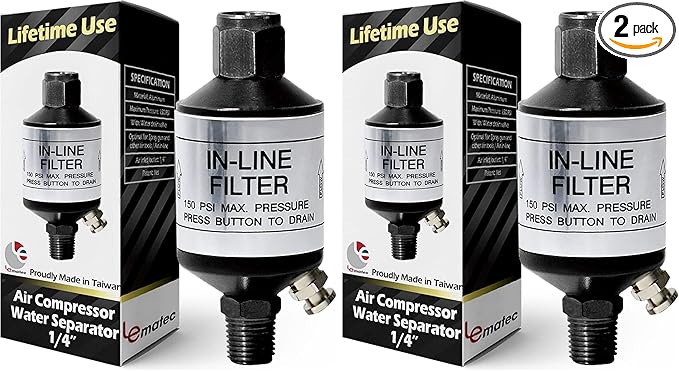 LE LEMATEC Air Compressor Water Separator - 1/4 NPT Inline Moisture Trap, Air Dryer for Pneumatic Tools, HVLP Spray Paint Gun & Airbrush with Easy Drain Valve, AI303 (Pack of 2)