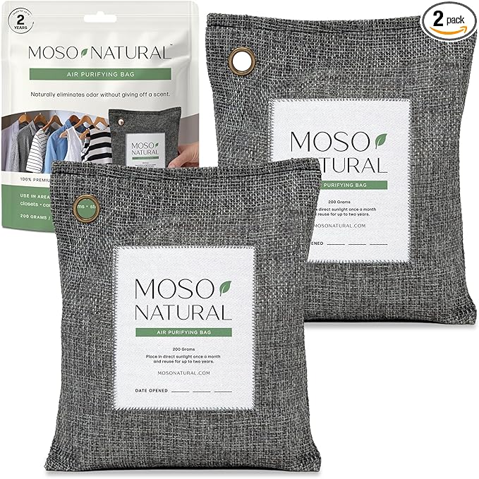 Moso Natural Air Purifying Bag 200g (2 Pack) HGTV Editor's Pick | Premium Bamboo Charcoal Odor Absorber for Home & Car | Closet Odor Eliminator & Car Air Freshener | Long Lasting Charcoal Bags