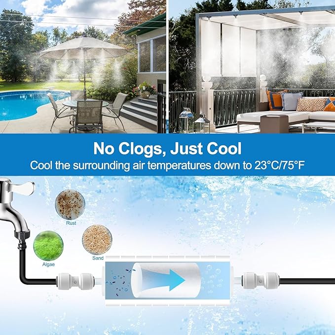 Pre-Assembled Misters for Outside Patio,80FT|24M.Outdoor Misting Cooling System w Filter, Backyard Mist Kit for Garden,Greenhouse,Deck,Umbrella,Canopy,Pool,Porch,Trampoline,ParkBBQ Party