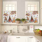 Fall Kitchen Curtain Set, Orange Yellow Thanksgiving Maple Leaf Gnomes Pumpkin Window Valance and Tiers 24" Length, Light Filtering Short Curtains Valance for Cafe Bathroom Bedroom 54"x18"