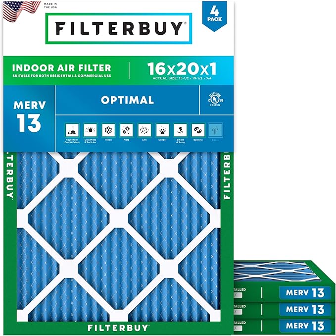 Filterbuy 16x20x1 Air Filter MERV 13 Optimal Smoke & Allergy Defense (4-Pack), Electrostatic Pleated HVAC AC Furnace Filters Replacement, Made in USA (Actual Size: 15.50 x 19.50 x 0.75)