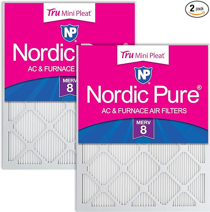 Nordic Pure 16x16x1 (Actual Size: 15 3/4 x 15 3/4 x 3/4) Tru Mini Pleat MERV 8 AC Furnace Air Filters - 2.5X More Media for Longer-Lasting, High-Efficiency Filtration - 2 Pack