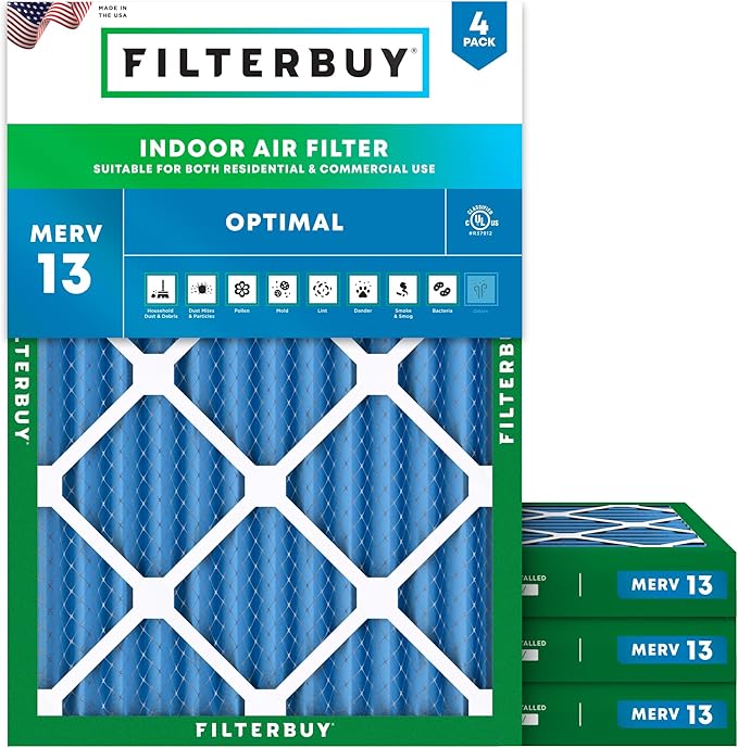 Filterbuy 18x25x2 Air Filter MERV 13 Optimal Smoke & Allergy Defense (4-Pack), Electrostatic Pleated HVAC AC Furnace Filters Replacement, Made in USA (Actual Size: 17.50 x 24.50 x 1.75)