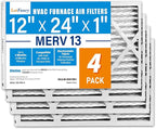 LotFancy 12x24x1 Air Filter MERV 13 4-Pack, Electrostatic Pleated HVAC Furnace Air Filter, Captures Pet Dander Smog Smoke, Actual Size: 11.75"x23.75"x0.75"