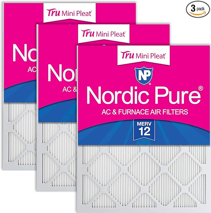 Nordic Pure 16x16x1 (Actual Size: 15 3/4 x 15 3/4 x 3/4) Tru Mini Pleat MERV 12 AC Furnace Air Filters – 2.5X More Media for Longer-Lasting, High-Efficiency Filtration - 3 Pack