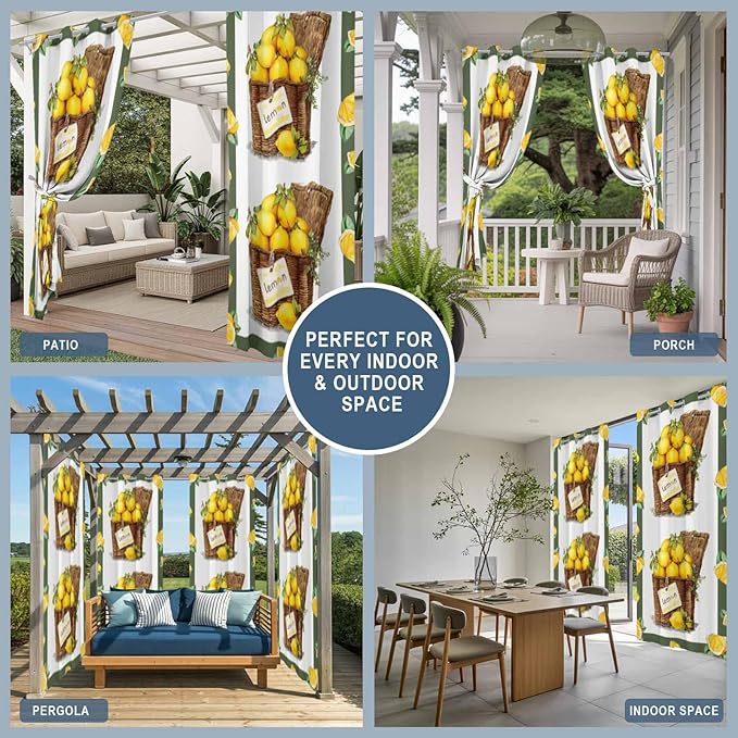 Lemon Outdoor Curtains for Patio Lemons in Baskets Summer Tropical Plants Green Waterproof Outside Curtains with Grommet Top Weatherproof Curtain for Cabana Pergola Gazebo, 1 Panel, 54" W x 95" L