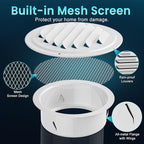 HG Power 4 Inch Stainless Steel Soffit Vents Cover - Round Exhaust Vent with Mesh Screen for Indoor/Outdoor Use in Homes, Offices, Factories, 2-Pack, White