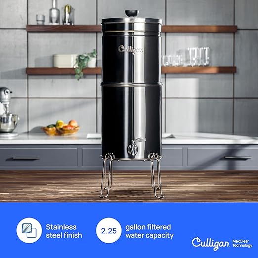 Culligan MaxClear 2.25 Gallon Gravity Water Filter System, Polished Stainless-Steel Countertop Water Filter NSF/ANSI Certified to Reduce Microplastics, Lead & Total PFAS, with 4 Ceramic Filters