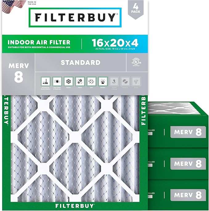 Filterbuy 16x20x4 Air Filter MERV 8 Essential Dust & Allergy Defense (4-Pack), Electrostatic Pleated HVAC AC Furnace Filters Replacement, Made in USA (Actual Size: 15.50 x 19.50 x 3.63)