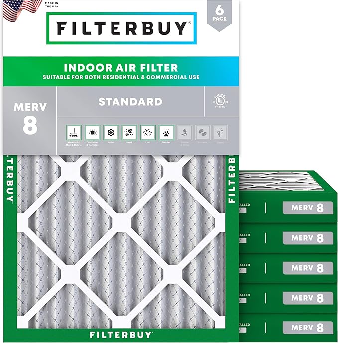 Filterbuy 20x21x2 Air Filter MERV 8 Essential Dust & Allergy Defense (6-Pack), Electrostatic Pleated HVAC AC Furnace Filters Replacement, Made in USA (Actual Size: 20.00 x 21.00 x 1.75)