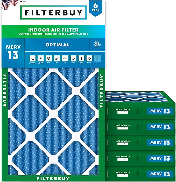 Filterbuy 12x20x2 Air Filter MERV 13 Optimal Smoke & Allergy Defense (6-Pack), Electrostatic Pleated HVAC AC Furnace Filters Replacement, Made in USA (Actual Size: 11.50 x 19.50 x 1.75)