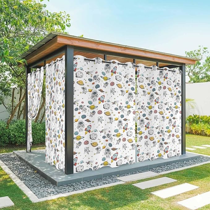 Cartoon Space Outdoor Curtains for Patio Astronauts Spacecraft Rockets Waterproof Outside Curtains with Grommet Top Weatherproof Curtain for Cabana Pergola Gazebo, 1 Panel, 54" W x 108" L