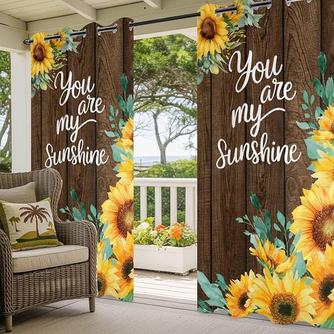 Summer Outdoor Curtains for Patio Sunflowers Eucalyptus Leaves Wood Waterproof Outside Curtains with Grommet Top Weatherproof Curtain for Cabana Pergola Gazebo, 1 Panel, 54" W x 84" L