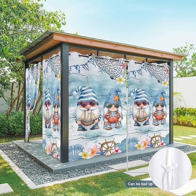 Ocean Gnome Outdoor Curtains for Patio Summer Marine Plumeria Shell Wood Blue Waterproof Outside Curtains with Grommet Top Weatherproof Curtain for Cabana Pergola Gazebo, 1 Panel, 54" W x 95" L