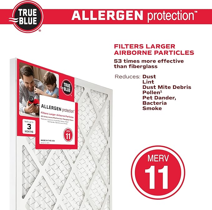 True Blue 10x20x1 MERV 11 Allergen Air Filter (4-Pack) | Electrostatic Pleated HVAC Furnace Air Filter | Replacement Filter for Home Use | Made in USA