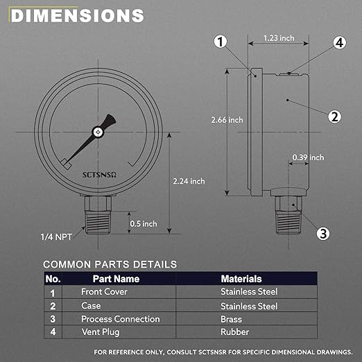 2-1/2" Dial Size, -30 inHg-0 Pressure Gauge, Glycerin Liquid Filled, 1/4" NPT Lower Mount, Stainless Steel Case, for Air Conditioning Line, Tank, Air Pump, HVAC, Pipe, Vacuum Pressure Test