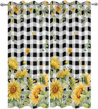 Sunflowers Outdoor Curtains for Patio Summer Floral Eucalyptus Leaf Buffalo Check Waterproof Outside Curtains with Grommet Top Weatherproof Curtain for Cabana Pergola Gazebo, 2 Pack, 54" W x 95" L