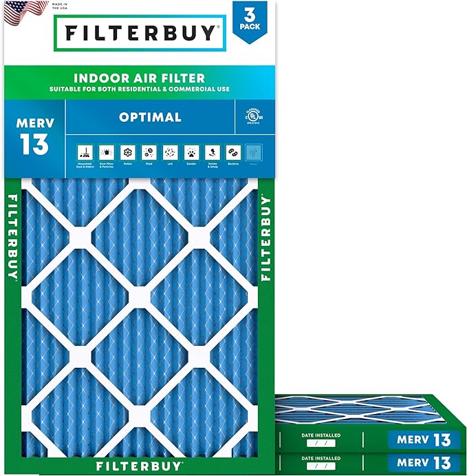Filterbuy 16x24x1 Air Filter MERV 13 Optimal Smoke & Allergy Defense (3-Pack), Electrostatic Pleated HVAC AC Furnace Filters Replacement, Made in USA (Actual Size: 15.38 x 23.38 x 0.75)