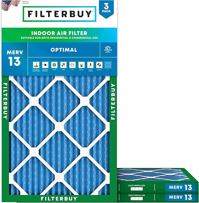 Filterbuy 10x24x1 Air Filter MERV 13 Optimal Smoke & Allergy Defense (3-Pack), Electrostatic Pleated HVAC AC Furnace Filters Replacement, Made in USA (Actual Size: 9.50 x 23.50 x 0.75)