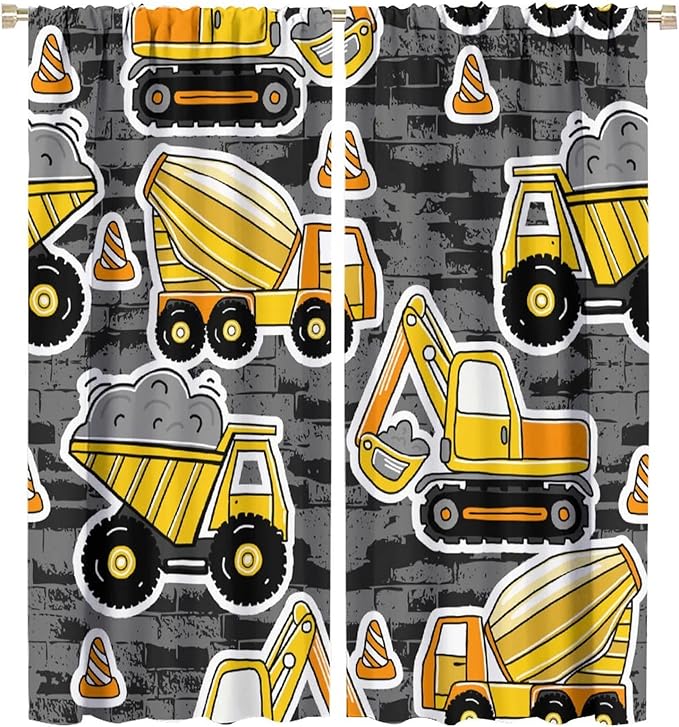 Kids Construction Excavator Window Curtains, Yellow Excavator Transporter Truck Cartoon Vehicles Rod Pocket Decorative Window Curtain for Children Teens Room 55x63in (30% Blackout)