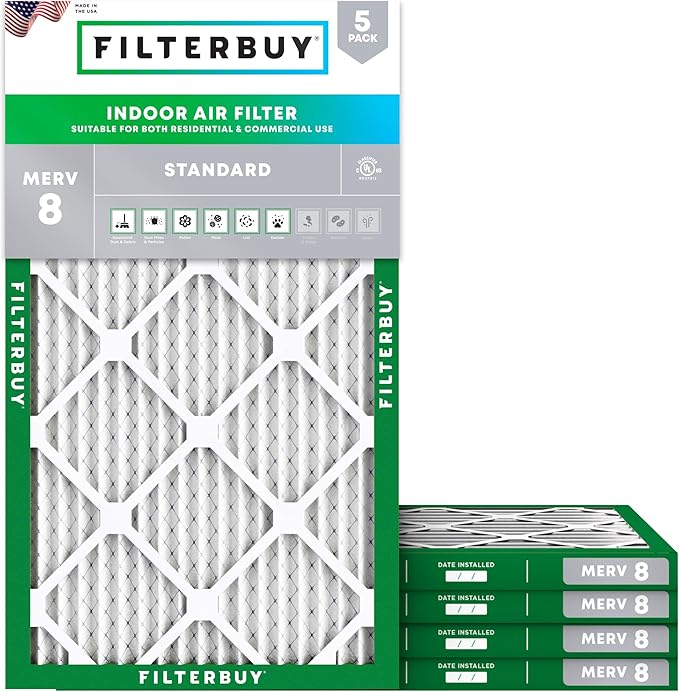 Filterbuy 14x24x1 Air Filter MERV 8 Essential Dust & Allergy Defense (5-Pack), Electrostatic Pleated HVAC AC Furnace Filters Replacement, Made in USA (Actual Size: 13.38 x 23.38 x 0.75)
