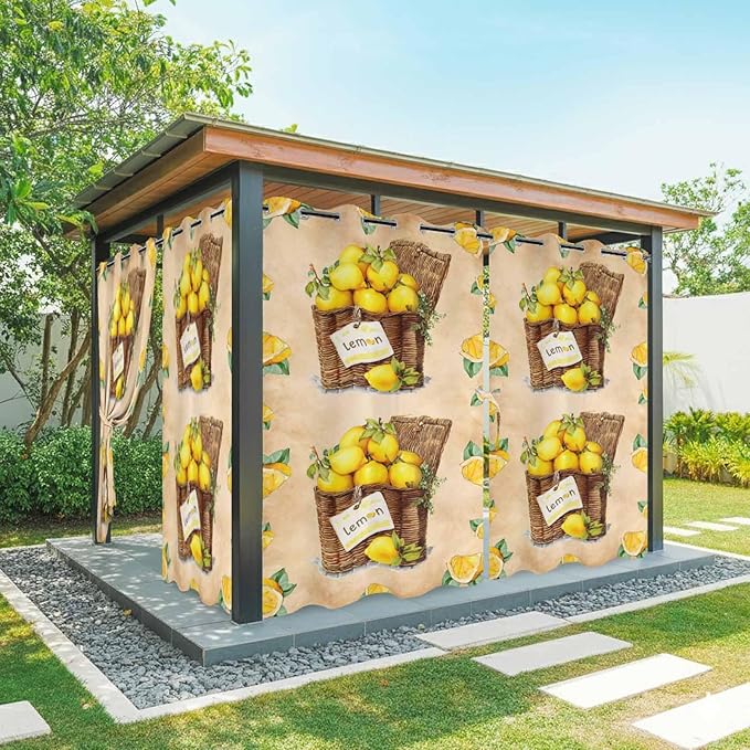 Lemon Outdoor Curtains for Patio Lemons in Baskets Summer Tropical Plant Brown Waterproof Outside Curtains with Grommet Top Weatherproof Curtain for Cabana Pergola Gazebo, 2 Pack, 54" W x 84" L