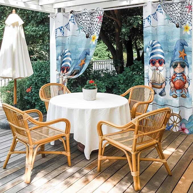 Ocean Gnome Outdoor Curtains for Patio Summer Marine Plumeria Shell Wood Blue Waterproof Outside Curtains with Grommet Top Weatherproof Curtain for Cabana Pergola Gazebo, 1 Panel, 54" W x 84" L