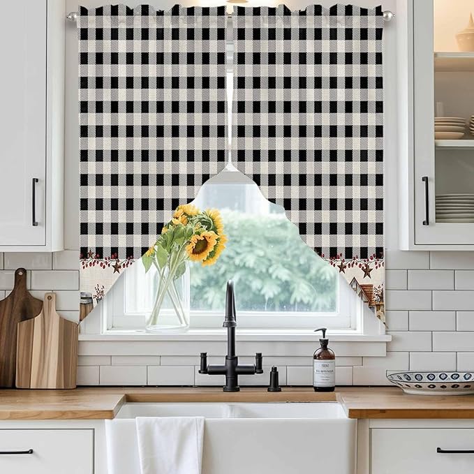 Swag Curtain Valances for Kitchen Windows,Farm Wooden House Black Buffalo Plaid Short Rod Pocket Window Valance,Western Star Swag Topper for Bedroom Living Room,2 Panels 28x36in