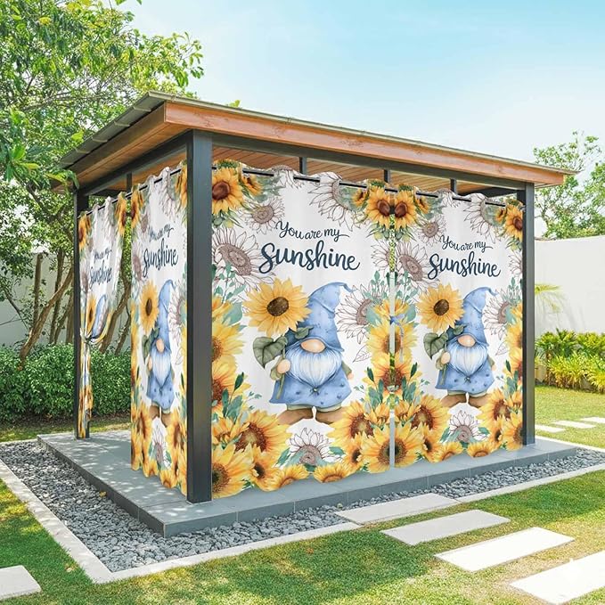 Summer Outdoor Curtains for Patio Sunflowers Gnome Eucalyptus Leaves Waterproof Outside Curtains with Grommet Top Weatherproof Curtain for Cabana Pergola Gazebo, 2 Pack, 54" W x 84" L