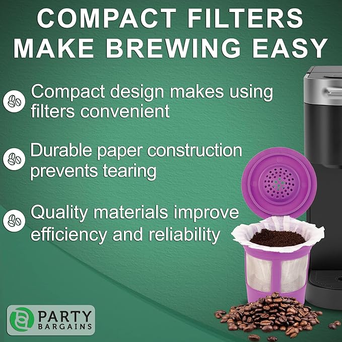 PARTY BARGAINS 300 Compact White Coffee Filter Liners – Disposable, Compatible with Keurig Brewers & K-Cup Reusable Pods, Single-Serve Paper Filters