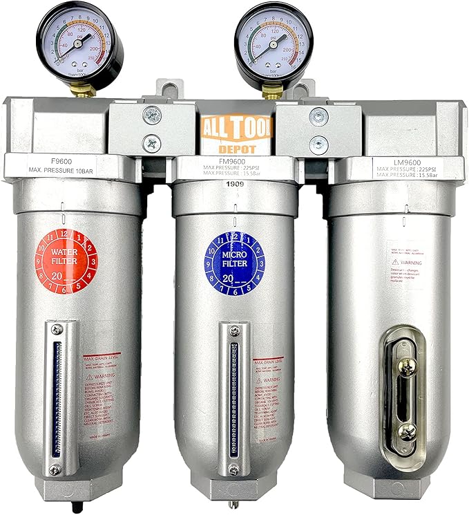 1" NPT SUPER DUTY Industrial Grade 3 Stages Filter Coalescing Desiccant Dryer System For Compressed Air Lines, Metal Bowls, Great For Paint Spray And Plasma Cutter (AUTO DRAIN)