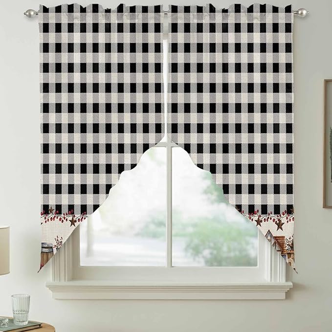 Swag Curtain Valances for Kitchen Windows,Farm Wooden House Black Buffalo Plaid Short Rod Pocket Window Valance,Western Star Swag Topper for Bedroom Living Room,2 Panels 28x36in