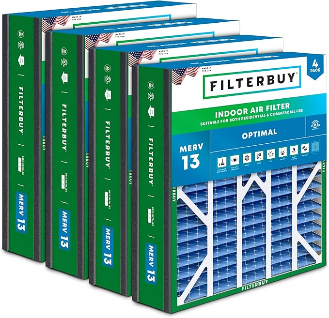 Filterbuy 20x25x5 Air Filter MERV 13 Optimal Smoke & Allergy Defense (4-Pack), Pleated HVAC AC Furnace Filters for Trion Air Bear, Generalaire, Skuttle, and More (Actual Size: 19.63 x 24.13 x 4.88)